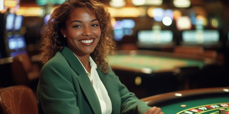 Lima kartu komunitas dibagikan secara bertahap selama permainan Dealer membagikan kartu komunitas di meja Texas Hold'em Bonus